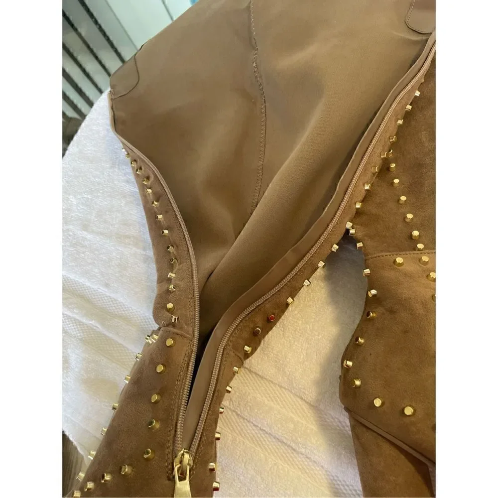 New Venus Faux Suede Studded Over the knee Taupe Boots
